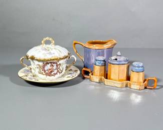 (5pc) Small Pitcher With Salt And Pepper Shakers |
Made in Japan small creamer with matching set of shakers and sugar bowl and tray. - h. 3 x w. 4.5 in