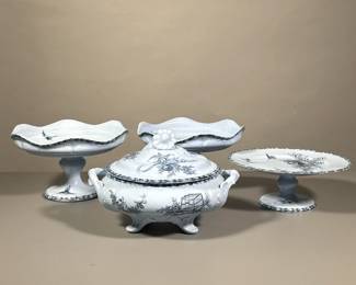(4pc) Antique French GRAND DEPOT Blue Ironstone Pieces | Including 3 compotes and a tureen - h. 5.5 x w. 9 x l. 9 x d. 9 in (compote)