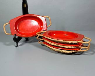 (8pc) Individual Vintage Serving Pieces | Orange metal enamelware with accompanying basket. 4 pairs.
Dimensions: w. 5.5 x l. 11.5 in (basket)