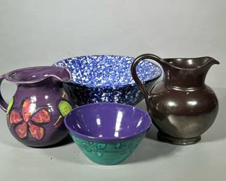 (4pc) Pottery | Pitcher with metallic glaze, deep purple pitcher with flower, green and purple small bowl, large blue speckled bowl. - h. 5 x dia. 12 in (large bowl)