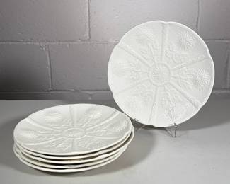 (6pc) WEDGWOOD PORCELAIN DISHES | Set of 6 flower relief decoration white porcelain plates by Wedgwood - dia. 9.25 in