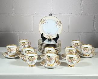 (29pc) WALTER KARISHAD DISHES | Including: 11 dessert plates, 10 teacups, and 8 saucers - dia. 7.5 in (dessert plates)