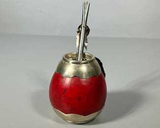 SILVER YERBA MATE GOURD & STRAW | Silver Yerba mate straw & rimmed gourd - h. 6 x dia. 3 in (gourd w/ straw)