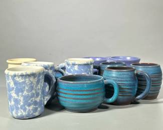(11pc) Miscellaneous Mugs | Pottery mugs in shades of blue and white. All marked and signed. Some matching/pairs. - h. 3 x dia. 4.5 in (Largest diameter)