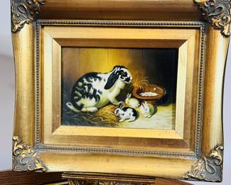 Mcm oil painting of rabbits 11x9 1/4”