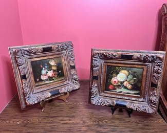 MCM Vintage floral and fruit still life oil paintings 14x17”