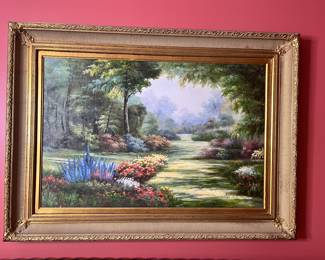 Late 20th Century Impressionist-style garden landscape painting 46.5x34”