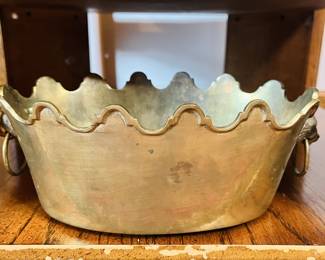 Vintage brass coach pot with lion head handles
