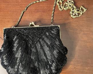 MCM Black Beaded Clam Shell Evening Bag Gold Chain