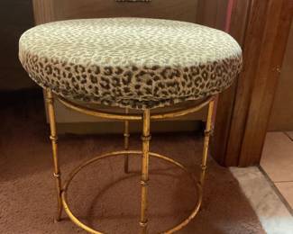 Vintage gilt bamboo-style stool with leopard print upholstery