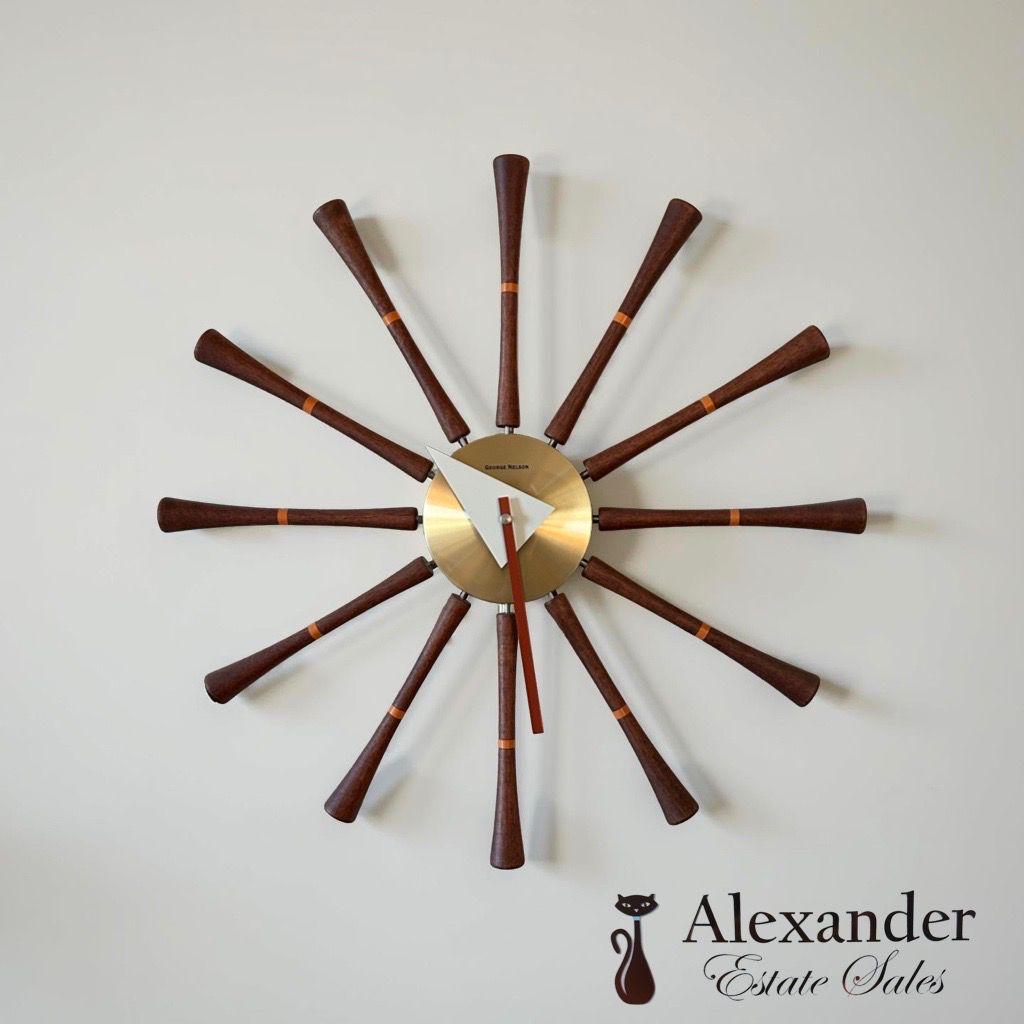 George Nelson Classic Spindle Wall Clock Walnut + Aluminum Bracket