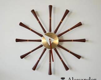 George Nelson Classic Spindle Wall Clock Walnut + Aluminum Bracket