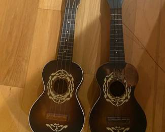 Harmony 1940s Art Deco Stencil Soprano Uke (on left) Harmony 1940s Well Played Needs Repair (on right)