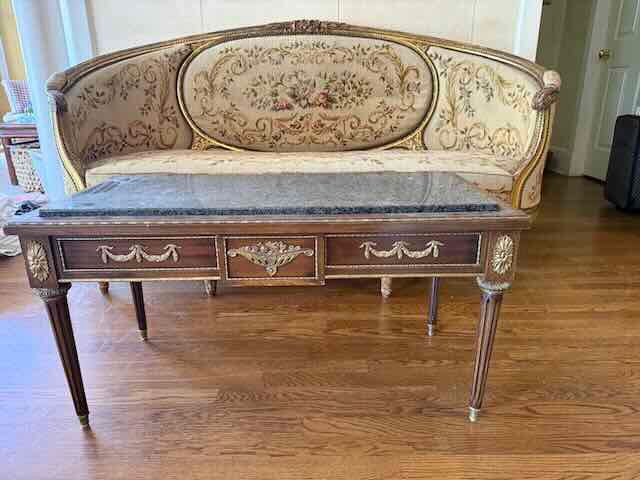 French Coffee Table and Gilded framed needlepoint settee 