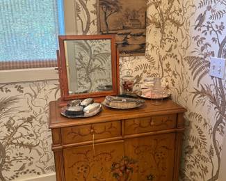 Cabinet, sterling brushes, shaving mirror