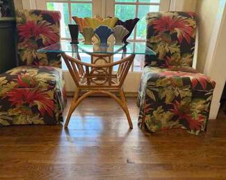 Vintage Glass top Bamboo table, Parsons chairs