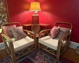 Pair of Vintage Ficks and Reed Bamboo Armchairs, Vintage Bamboo two tiered corner table