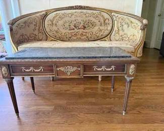French Coffee Table and Gilded framed needlepoint settee