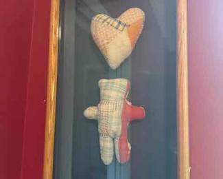 Shadow Boxed Teddy an heart made from antique quilt