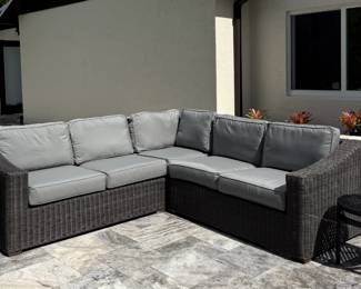 Modern 3-Piece Gray Faux Wicker Outdoor Patio Sectional Set by Garden Art - CLEAN. Comes with covers, too, as well as 3 aluminum black side tables. Measurements: 98" Long Both Ways, 39" Front to Back, 13" Ground to Seat (no cushion).