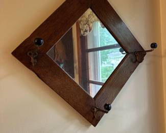Antique Oak Mirror w/ Hooks - Hat Rack