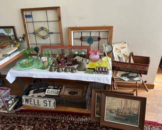Framed Stained Glass Windows, Green Depression Glass, Cranberry Glass, Bookends, Ice Cream Parlor Bells, Old Tool Box, Pig Boot Scraper,, Drying Rack, Enamel Street Sign, Water Colors