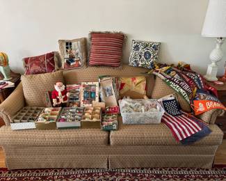 Sofa, Vintage Christmas Ornaments Tinsel, Beaded Garland, Pennants