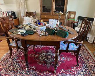 Antique Drop Leaf Dining Table w/ 2 Leaves, Chairs, Carpet