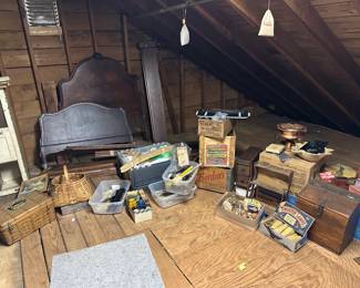 Baskets, Advertising Crates, Copper Chaffing Dish, Old Light Bulbs