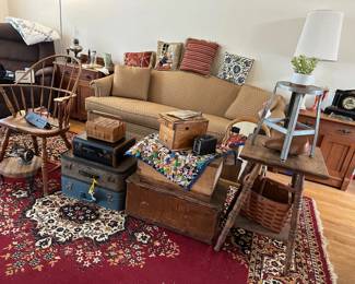 Old Suitcases, Windsor Chair, Foot Stool, Child's Sewing Machine, Small Wooden Boxes, Antique Oak Side Table, Industrial Stool, Bicycle Seat & Basket