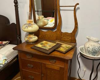Antique Oak Washstand, Lamp, Paintings, Pitcher & Bowl