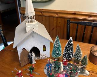 Vintage Christmas - Church, Bottle Brush Trees, Lead Figures