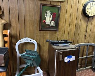 Paintings, Small Refrigerator, Chair, Bird House
