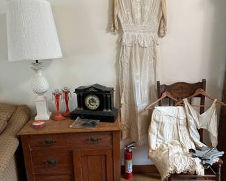 Antique Oak Cabinet, Mantel Clock, Lamp, Old Lace Dress