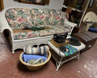Wicker Sofa, Coffee Table, Singer Sewing Machine