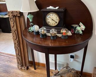 Demi Lune Table, Jadite Lamp, Mantel Clock,Snow Globes
