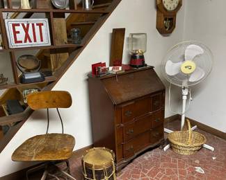 Industrial Chair, Drum, Drop Front Desk, Fan, Clock, Gum Ball Machine