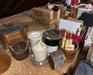 Copper Tub, Crocks & Jugs, Wooden Pail, Rolling Pins