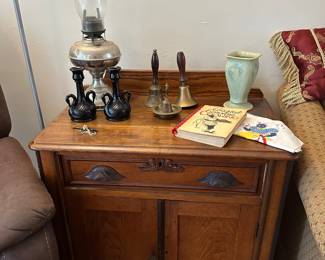 Antique Oak Washstand, Oil Lamp, Fenton Black Swan Candle Holders, Bells