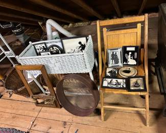 Wicker Planter, Sifter, Framed Silhouettes, Folding Chair