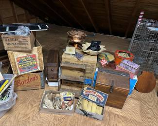 Advertising Crates, Copper Chaffing Dish, Old Light Bulbs