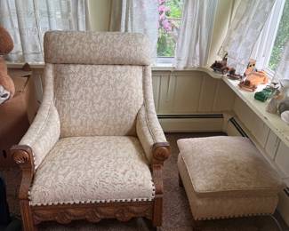 This high quality rocking chair and ottoman is both comfortable and beautiful. It is over 70 years old and was reupholstered years ago and was taken care of with love.