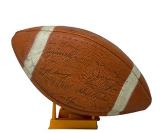 Signed Football from the first Super Bowl, 1967: Green Bay Packers vs. Kansas City Chiefs, autographed by both coaches, Lombardi and Stram. 35 + signatures.
