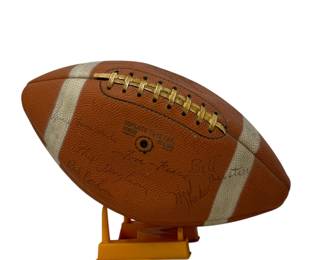 Signed Football from the first Super Bowl, 1967: Green Bay Packers vs. Kansas City Chiefs, autographed by both coaches, Lombardi and Stram. 35 + signatures.