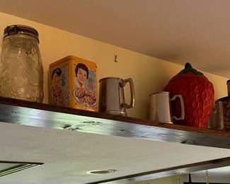 Farmhouse collectibles tins, coookie jar, other