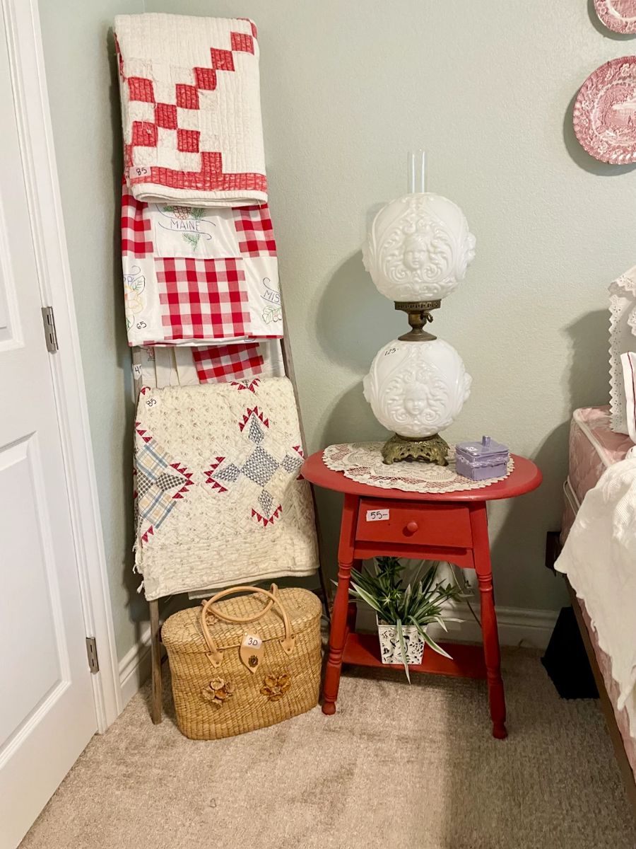 Quilts and Milk Glass Cherub Lamp