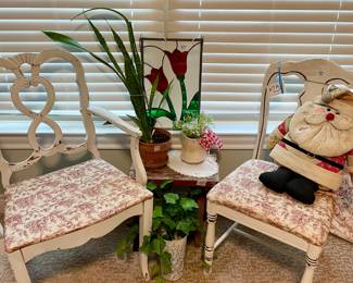 White Vintage Chairs with Red Toile Cushions