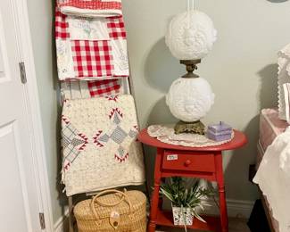 Quilts and Milk Glass Cherub Lamp
