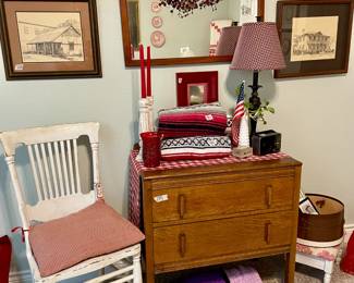 Antique Dresser, Mirror, and White Chair