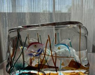 Vintage Murano Art Glass Sculpture Block Cenedese Fish Aquarium